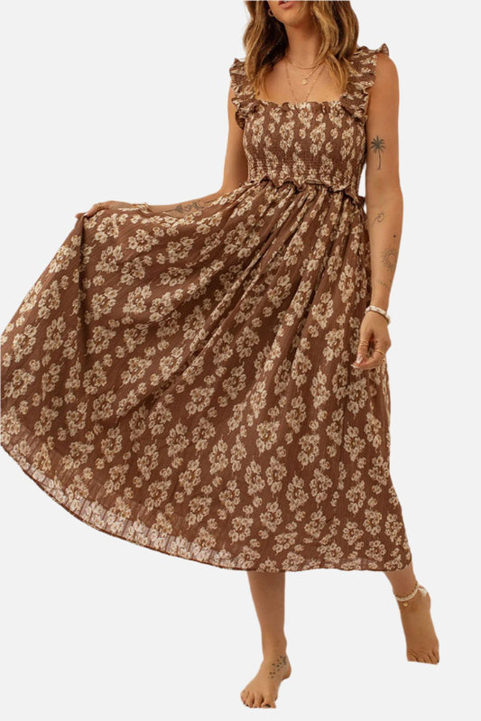 Brown Floral Print Casual Ruffle Straps Smocked Maxi Dress