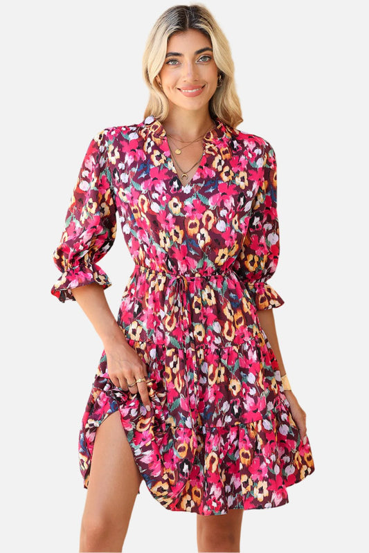 Rose Red Floral Print Drawstring Waist V Neck Mini Dress