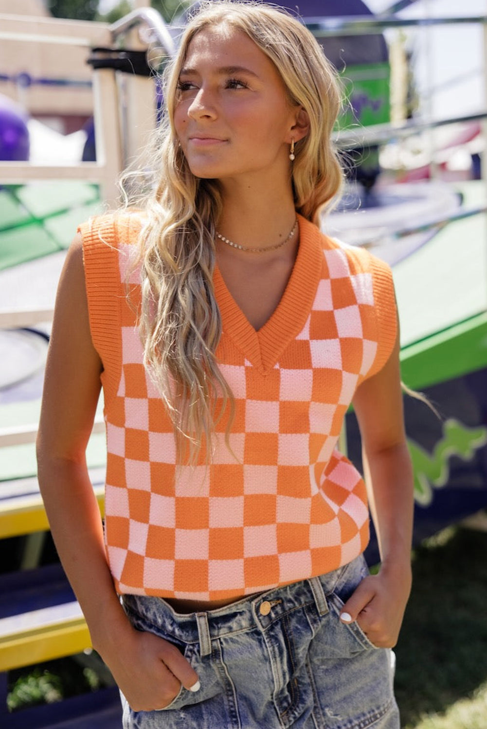 Russet Orange Checkered V Neck Knitted Sleeveless Top