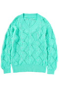 Mint Green Hollow Out Knit V Neck Drop Shoulder Sweater