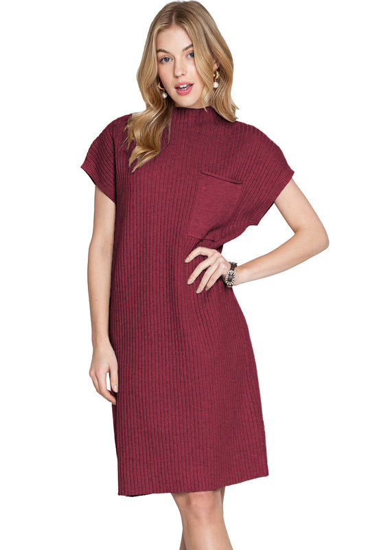 Red Patch Pocket Ribbed Knit Short Sleeve Sweater Dress