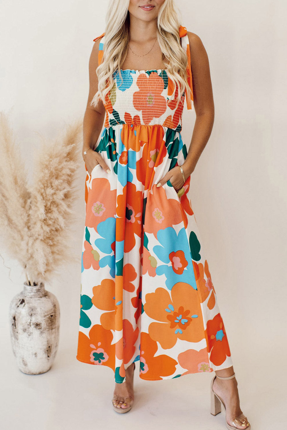 Orange Floral Printed Shoulder Tie Smocked Maxi Dress