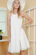 White Lace Eyelet Sleeveless O-Neck Keyhole Back Mini Dress