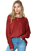 Red Basic Solid Color Seam Long Sleeve Top