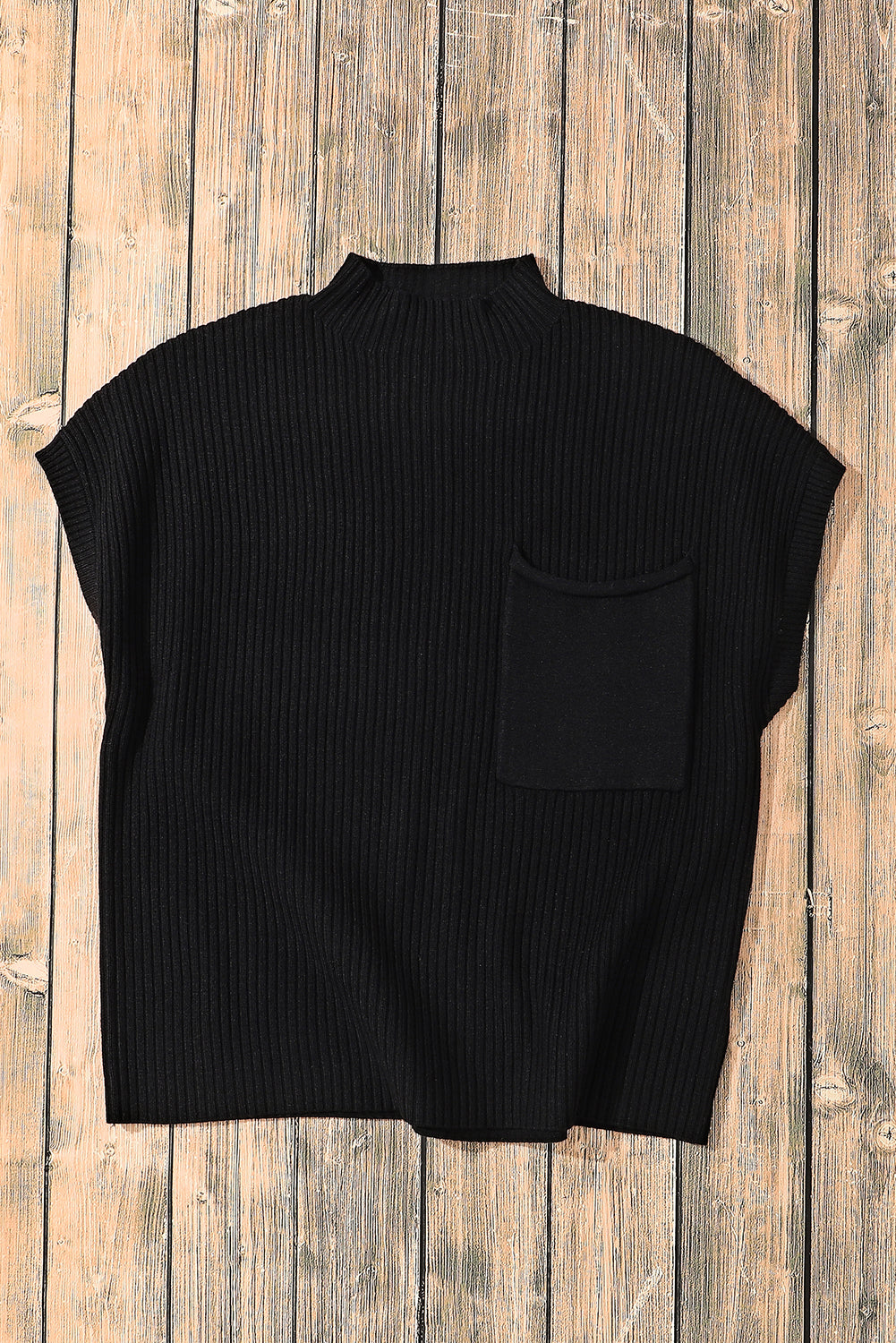 Oatmeal Patch Pocket Ribbed Knit Short Sleeve Sweater