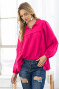 Rose Solid Color Gauze Collared Long Sleeve Top