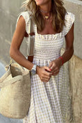 Khaki Plaid Ruffled Sleeveless Smocked Maxi Dress