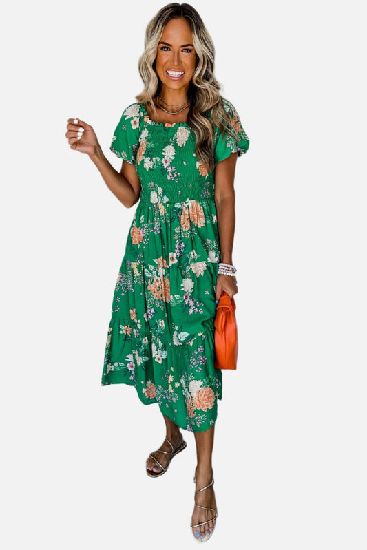 Green Floral Print Bubble Sleeve Smocked Tiered Midi Dress