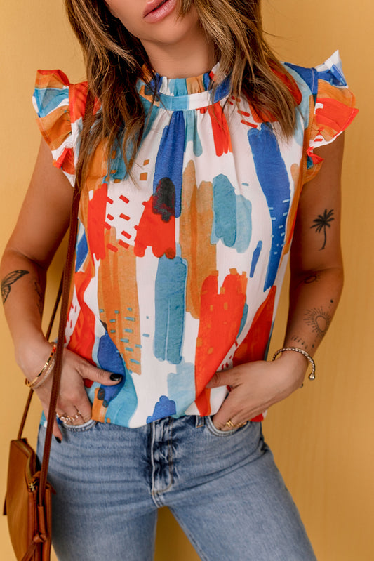 Multicolor Abstract Print Ruffled Sleeveless Blouse for Women