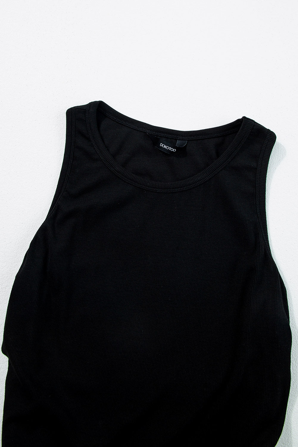 Black Solid Color Ruched Side Ribbed Tank Top