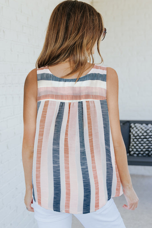 Multicolor Striped Print Split V Neck Sleeveless Shirt