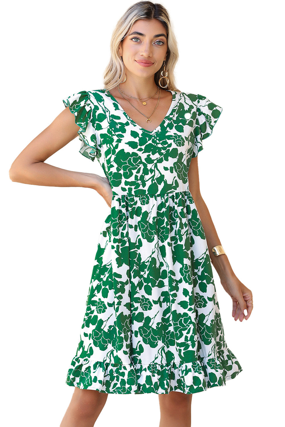 Green Leaf Print V Neck Fluttter Sleeveless Midi Dress