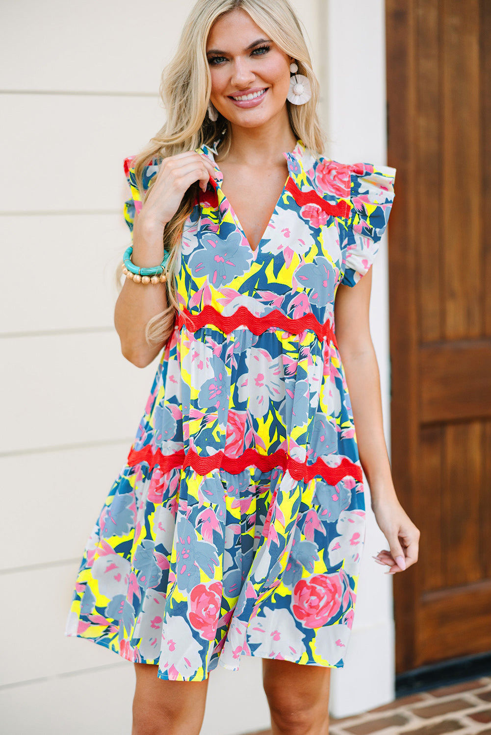 Pink Floral Printed V Notched Ric Rac Flutter Dress