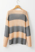 Khaki Colorblock Ribbed Contrast Trim Henley Sweater