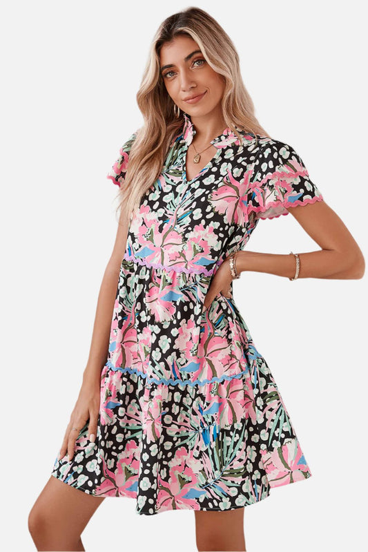 Pink Floral Print Wavy Embellished V Neck Mini Dress