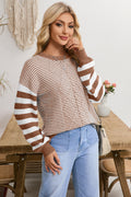 Brown Stripe Twisted Knitted Drop Shoulder Sweater