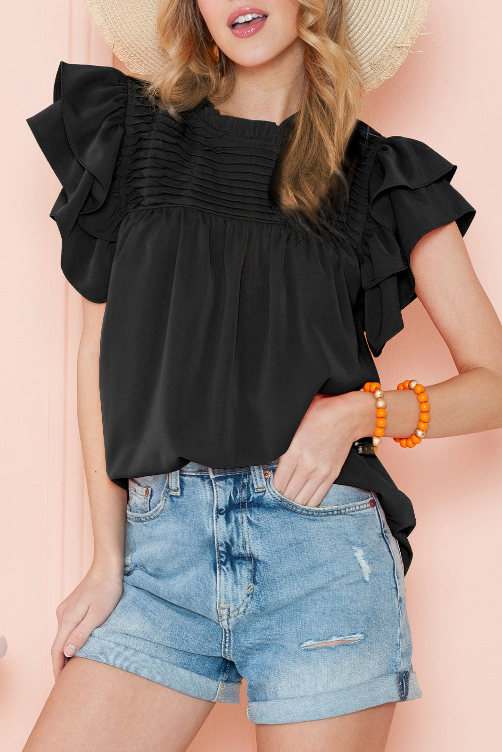 Grapefruit Orange Ruched Frilled Neck Ruffle Blouse