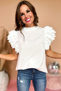 White Solid Color Scalloped Ruffle Sleeve Blouse