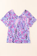 Pink Boho Abstract Floral Print V Neck T Shirt