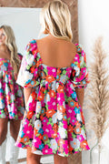 Rose Floral Print Square Neck Short Puff Sleeve Dress