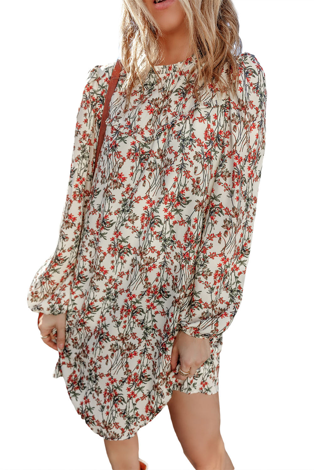 White Floral Printed Long Sleeve Mini Dress