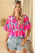 Rose Abstract Brushwork Print Buttoned V Neck Blouse