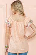 Apricot Pink Floral Patchwork Square Neck Ruffle Sleeve Blouse