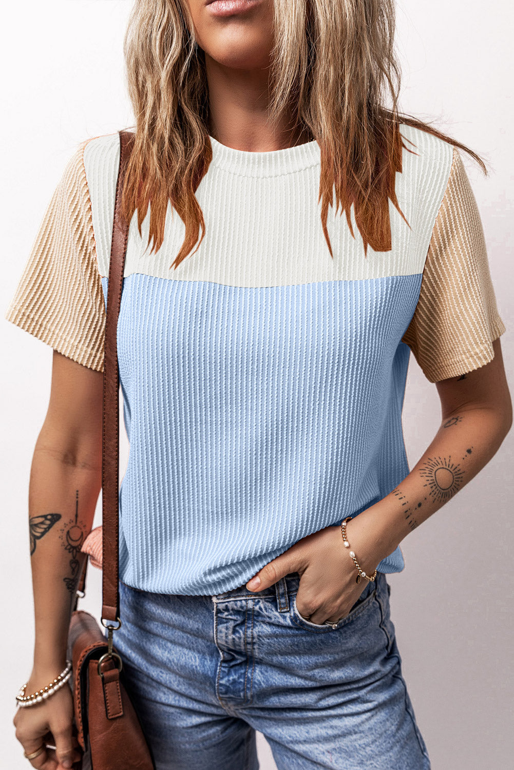 Black Rib Textured Colorblock Round Neck T Shirt