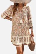 Apricot Floral Print Boho V-Neck Lace-Up Dress