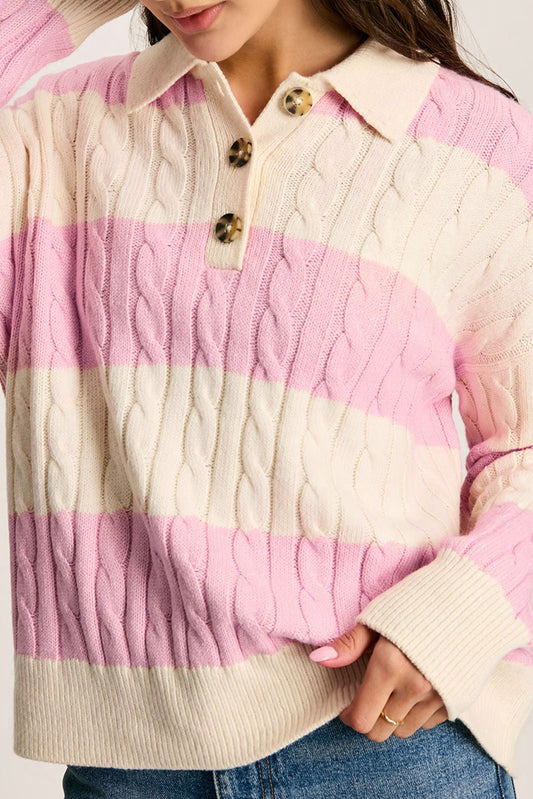 Pink Colorblock Button Collar Twisted Cable Knit Sweater