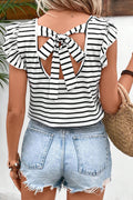 White Stripe V Neck Knotted Backless Ruffle T Shirt