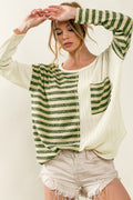 Khaki Striped Print Ribbed Color Block Long Sleeve Top