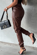 Black Smocked High Waist Leather Skinny Pants