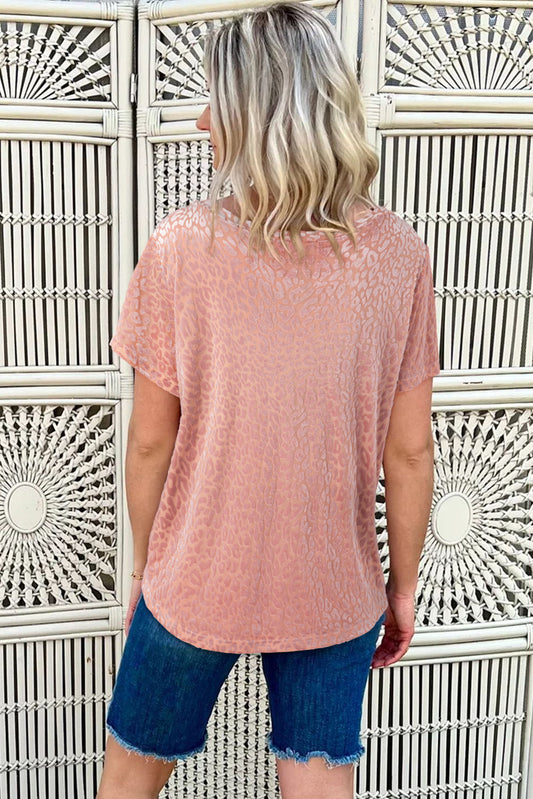 Pink Leopard Print Contrast Neckline Short Sleeve Blouse