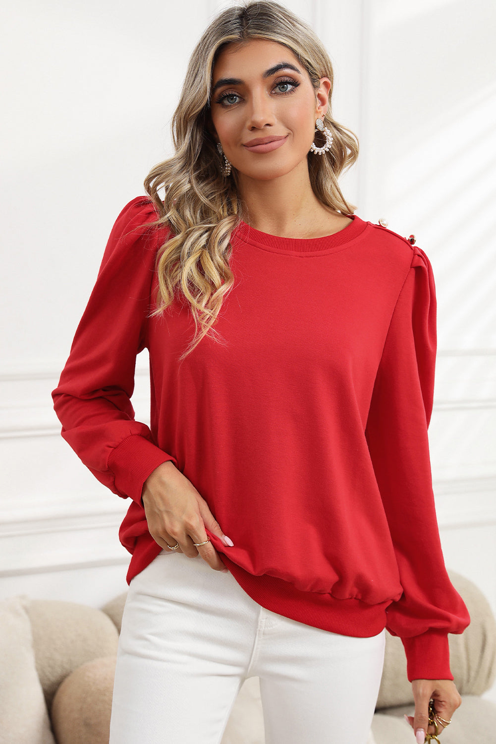 Rose Tan Button Detail Ruched Long Sleeve Top