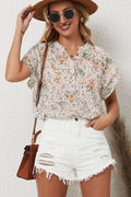 Multicolor Floral Button Notch Neck Ruffle Sleeve Blouse