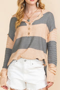 Khaki Colorblock Ribbed Contrast Trim Henley Sweater