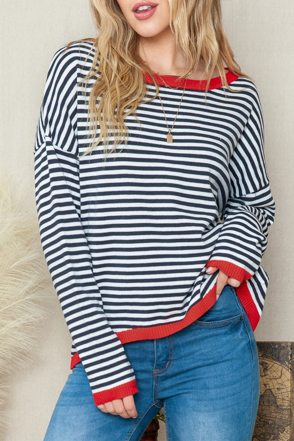 Striped Print Trim Drop Sleeve Knit Pullover Sweater