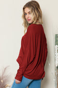 Red Basic Solid Color Seam Long Sleeve Top