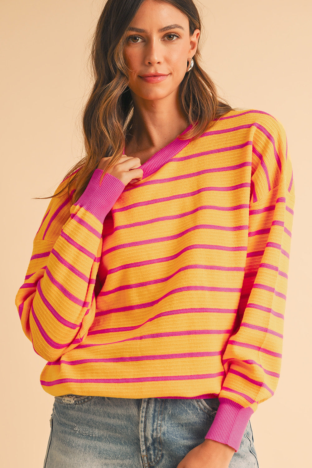 Orange Stripe Round Neck Drop Shoulder Loose Sweater