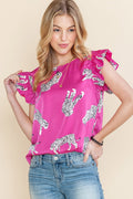 Rose Cheetah Print Ruffle Trim Sleeveless Shirt