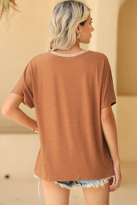 Brown Cold Shoulder Colorblock Splicing T Shirt