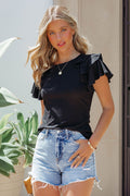 Black Plain Tiered Ruffle Casual Round Neck T Shirt