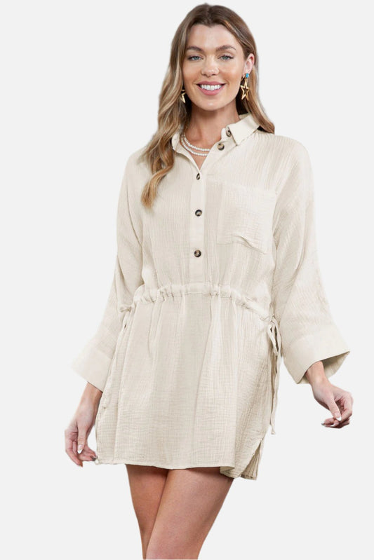 Beige Cotton Solid Color Buttoned Closure Long Sleeve Casual Dress