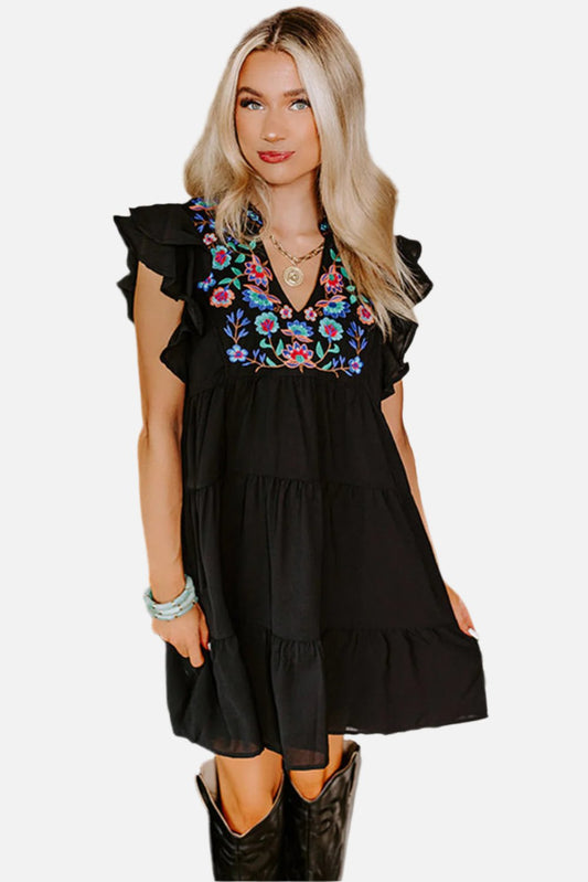 Black Floral Embroidered Frill Neck Ruffle Babydoll Tiered Dress