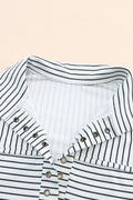 White and Black Striped Grommet Collared Thumbhole Long Sleeve Top