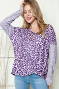 Leopard Print V Neck Drop Shoulder Long Sleeve Top