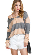 Khaki Colorblock Ribbed Contrast Trim Henley Sweater