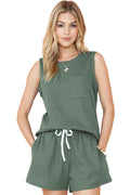 Mist Green Waffle Knit Tank Top & Shorts Set