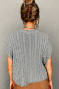 Gray Solid Cable Knit Short Sleeve Roun Neck Sweater